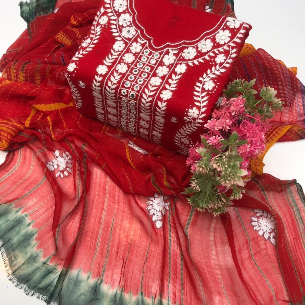 Red and White Embroidered Fabric Set